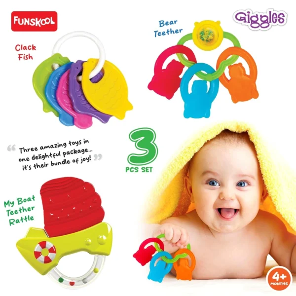 baby teether and rattle set funskool giggles 3 pcs infant toy gift pack
