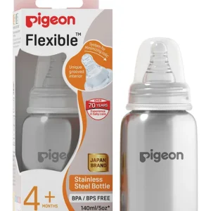 Pigeon Flexible Stainless Steel Feeding Bottle With Plastic Hood & Cap – 140 ml (4+ Months)