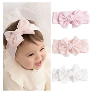 Set of 3 Bow Detailed Baby Headbands – Peach, Pink & White | Soft & Stretchable | Stylish Hair Accessories for Infants & Toddlers