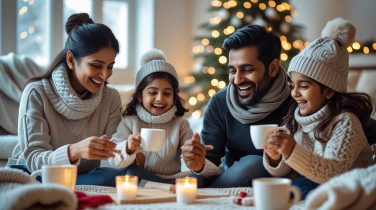 kids enjoying winter activity with their parents at home