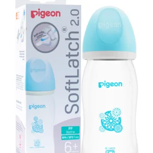 Pigeon Soft Latch 2.0 anti colic nursing bottle 240ml with white cap and blue hood